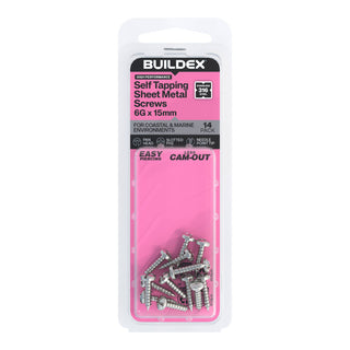 Buildex 6G x 15mm SS316 Self Tapping Sheet Metal Screws - 14 Pack