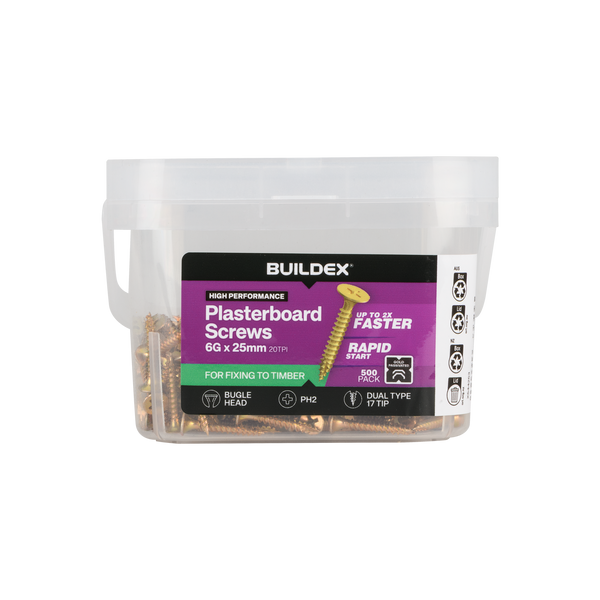 Buildex 6G x 25mm Gold Passivated Plasterboard Screws (Dual Type-17 Tip) - 500 Pack