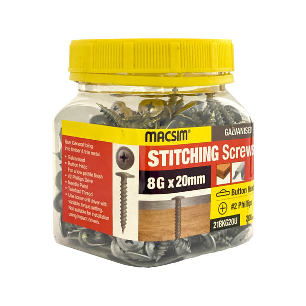 Macsim 8G x 20mm Stitch Button Screws Jar - 200 Pack