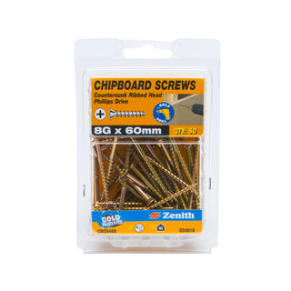 Zenith 8G x 60mm Countersunk Rib Head Chipboard Screws - 500 Pack