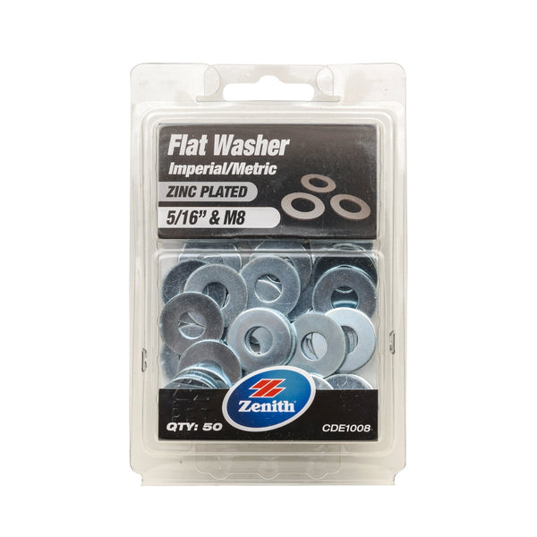 Zenith 5/16" M8 Zinc Plated Flat Washer - 50 Pack