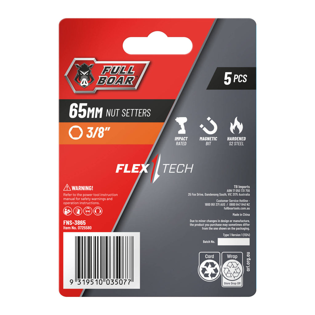 Full Boar 3/8" x 65mm Magnetic Impact Nut Setters - 5 Pack - Image 2 of 2