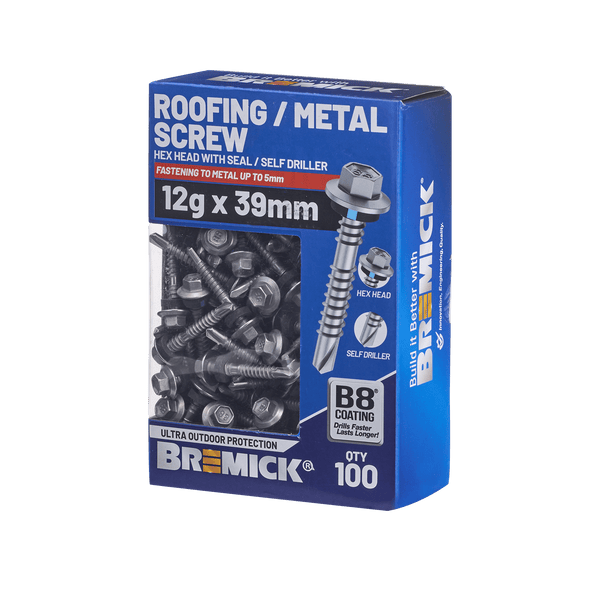 Bremick Hex Roofing Screw 12g x 39mm B8 PK100