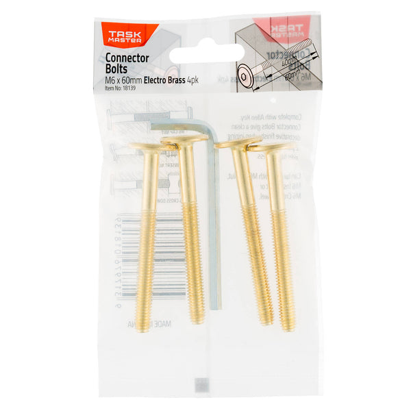 Taskmaster M6 x 60mm Electro Brass JCB Connector Bolts - 4 Pack