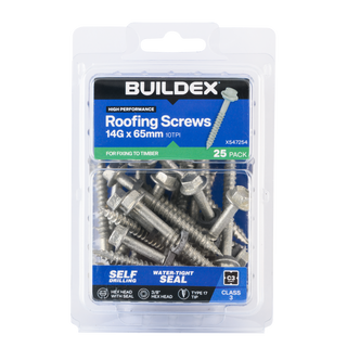 Buildex 14G x 65mm Class 3 Roofing Screws with Seal - 25 Pack