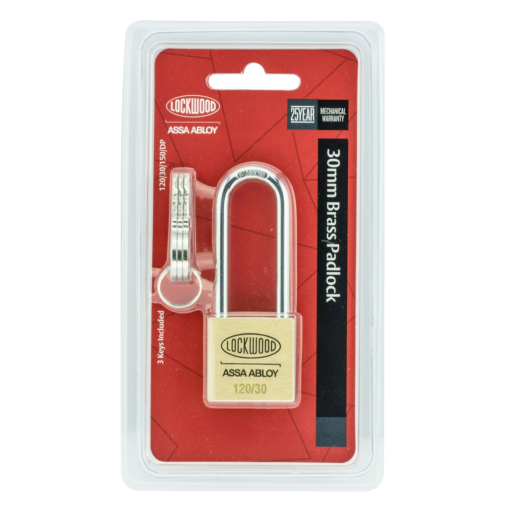 Lockwood 30mm Solid Brass Extended Shackle 120 Series Padlock General Purpose - Image 1 of 2