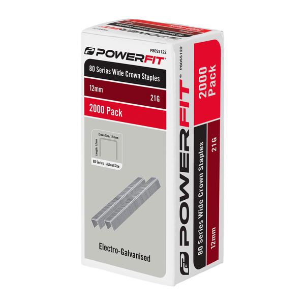 PowerFit 12mm 80 Series Electro-Galvanised Wide Crown Staples - 2000 Pack