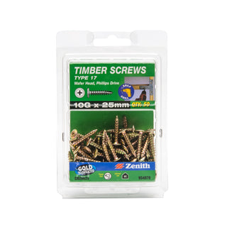 Zenith 10G x 25mm Gold Passivated Wafer Head Type 17 Timber Screws - 50 Pack