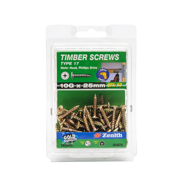 Zenith 10G x 25mm Gold Passivated Wafer Head Type 17 Timber Screws - 50 Pack