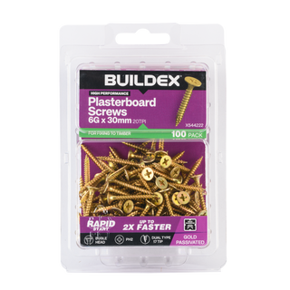 Buildex 6G x 30mm Gold Passivated Plasterboard Screws (Dual Type-17 Tip) - 100 Pack