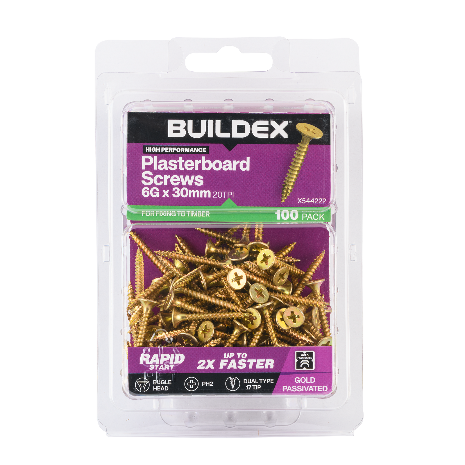Buildex 6G x 30mm Gold Passivated Plasterboard Screws (Dual Type-17 Tip) - 100 Pack - Image 1 of 5