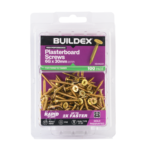 Buildex 6G x 30mm Gold Passivated Plasterboard Screws (Dual Type-17 Tip) - 100 Pack
