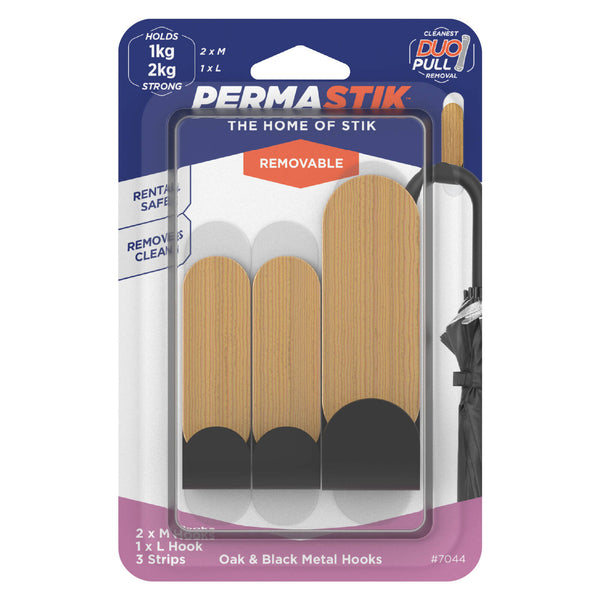 Permastik Oak & Black Metal Hooks - 3 Pack