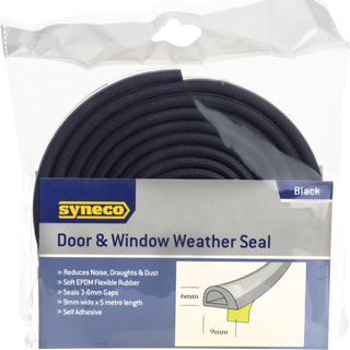 Syneco 6 x 9mm x 5m Black Self-Adhesive Door Window Weather Seal