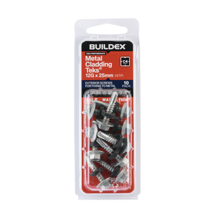 Buildex 12G x 25mm Class 4 Metal Cladding TEKS® Screws with Seal - 10 Pack