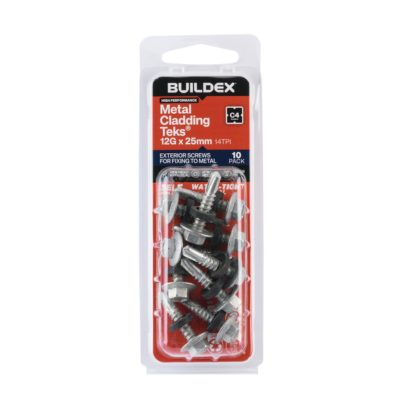 Buildex 12G x 25mm Class 4 Metal Cladding TEKS® Screws with Seal - 10 Pack