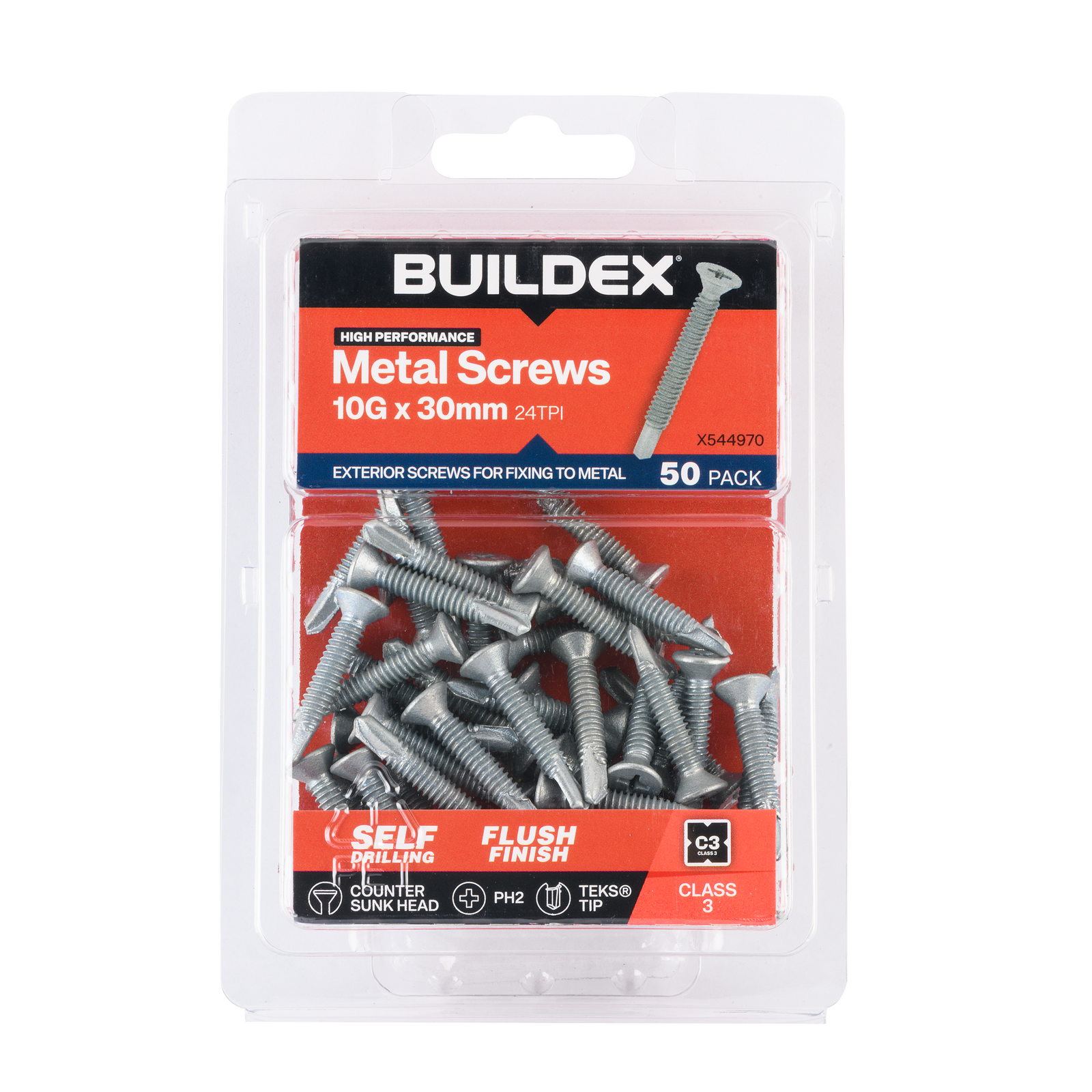 Buildex 10G x 30mm Class 3 Sheet Metal Screws (Countersunk Head) - 50 Pack - Image 1 of 5