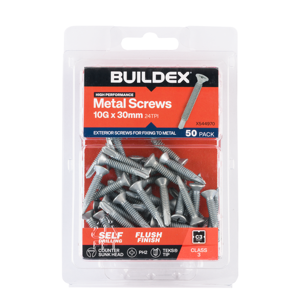 Buildex 10G x 30mm Class 3 Sheet Metal Screws (Countersunk Head) - 50 Pack