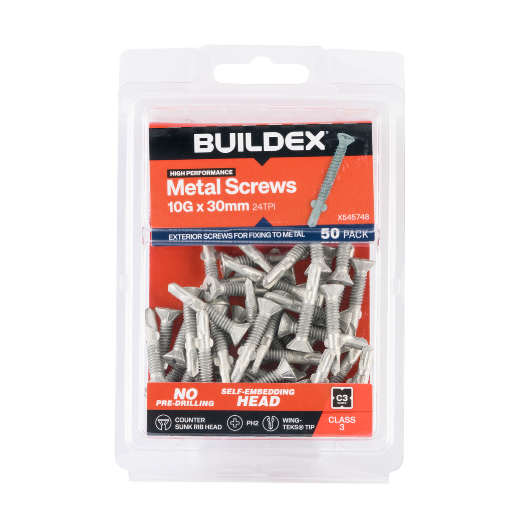 Buildex 10G x 30mm Class 3 Sheet Metal Screws (Countersunk Rib Head) - 50 Pack - Image 1 of 5