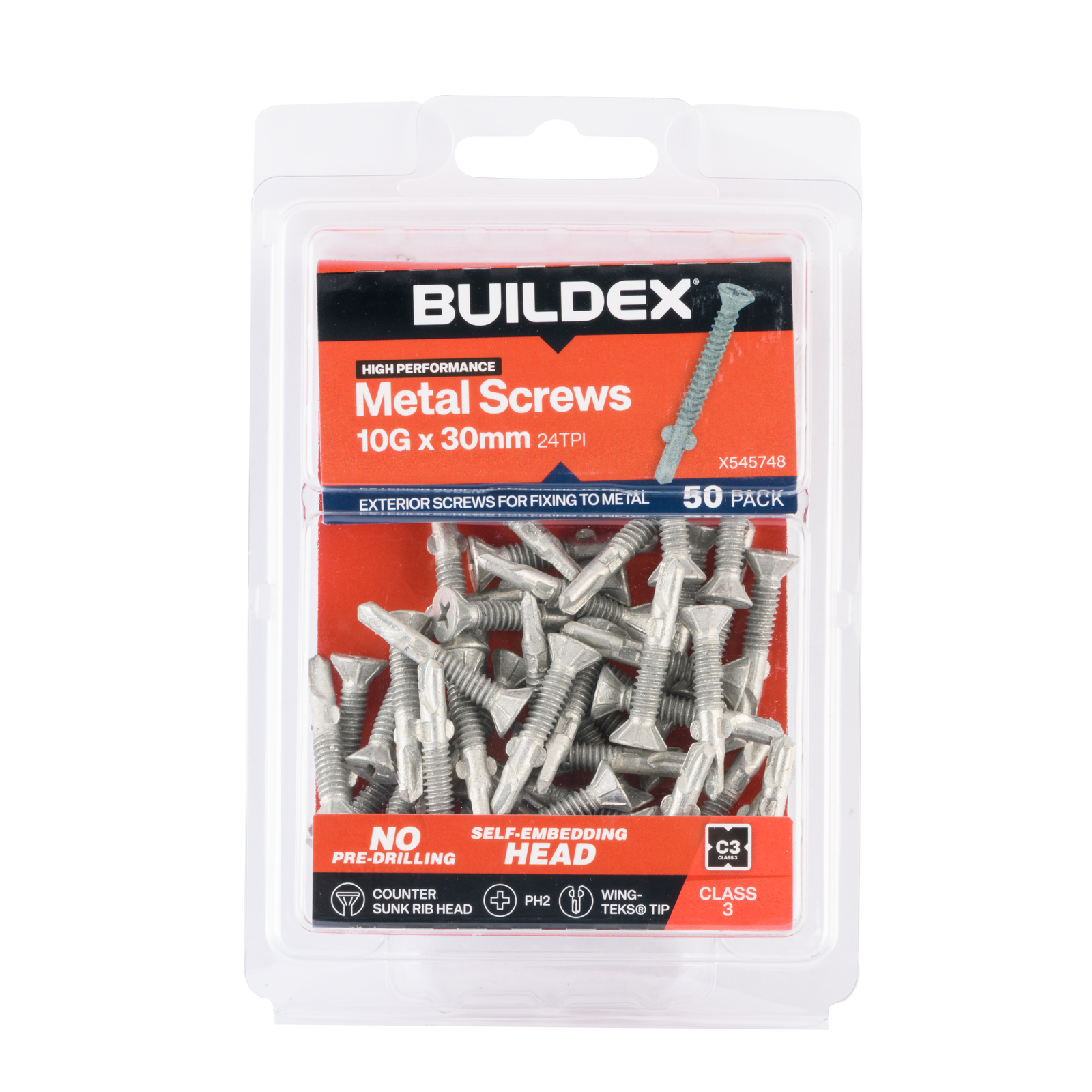 Buildex 10G x 30mm Class 3 Sheet Metal Screws (Countersunk Rib Head) - 50 Pack - Image 1 of 5