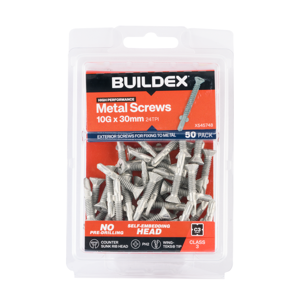 Buildex 10G x 30mm Class 3 Sheet Metal Screws (Countersunk Rib Head) - 50 Pack