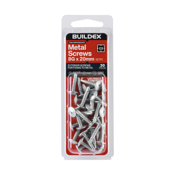 Buildex 8G x 20mm Class 3 Sheet Metal Screws - 30 Pack
