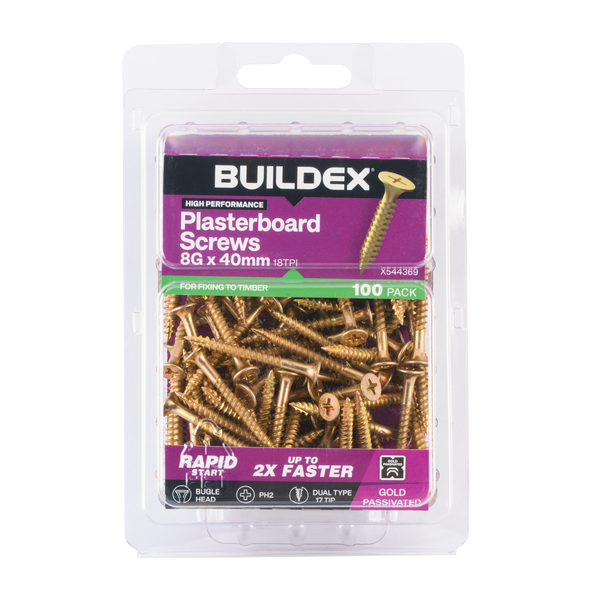 Buildex 8G x 40mm Gold Passivated Plasterboard Screws - 100 Pack