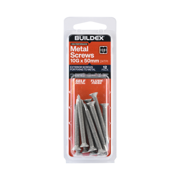 Buildex 10G x 50mm Class 3 Sheet Metal Screws - 12 Pack