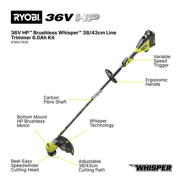 Ryobi 36V 38/43cm HP Whisper Brushless Line Trimmer 6.0Ah Kit