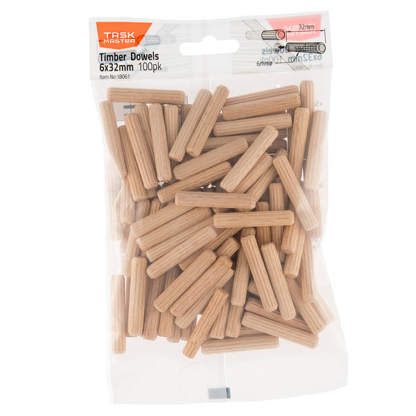 Taskmaster 6 x 32mm Timber Dowel Connectors - 100 Pack