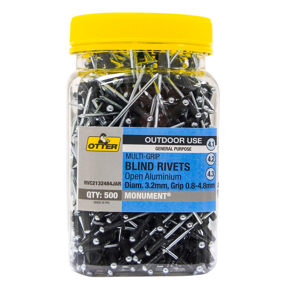 Otter Monument® 3.2 x 0.8 - 4.8mm Multi-Grip Open Aluminium Blind Rivets - 500 Pack - Image 1 of 2