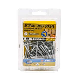 Zenith 8 - 10 x 60mm Galvanised Countersunk Rib Head Timber Screws - 50 Pack