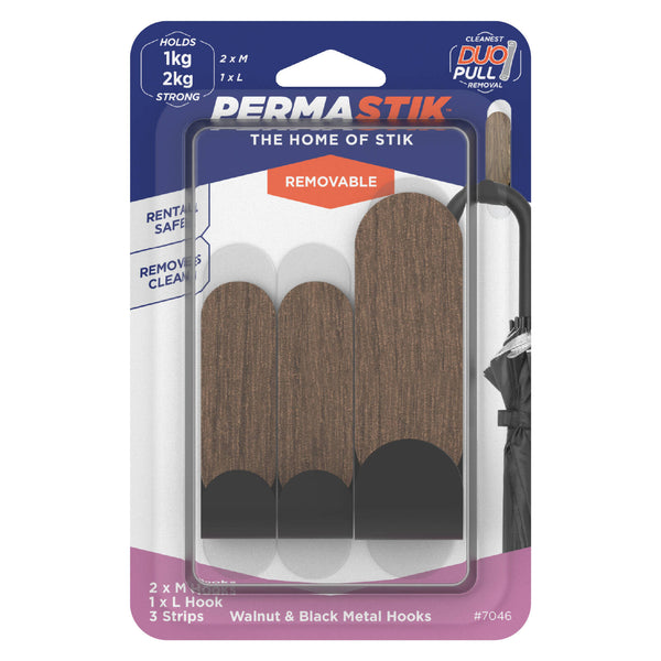 Permastik Walnut & Black Metal Hooks - 3 Pack
