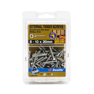 Zenith 8 - 10 x 30mm Galvanised Countersunk Rib Head Timber Screws - 100 Pack