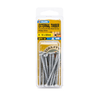 Zenith 8 - 10 x 60mm Galvanised Countersunk Rib Head External Timber Screws - 15 Pack