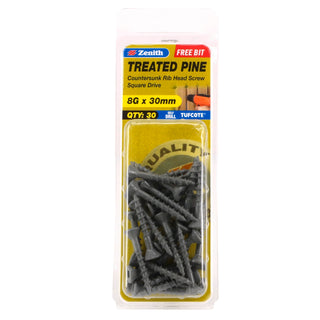 Zenith 8G x 30mm Tufcote® Countersunk Rib Head Treated Pine Screws - 30 Pack