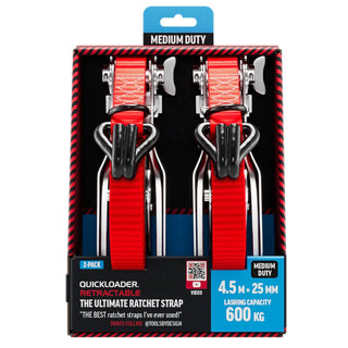 Quickloader Retractable Ratchet Strap Tie Down 4.5m x 25mm 600kg - 2 Pack