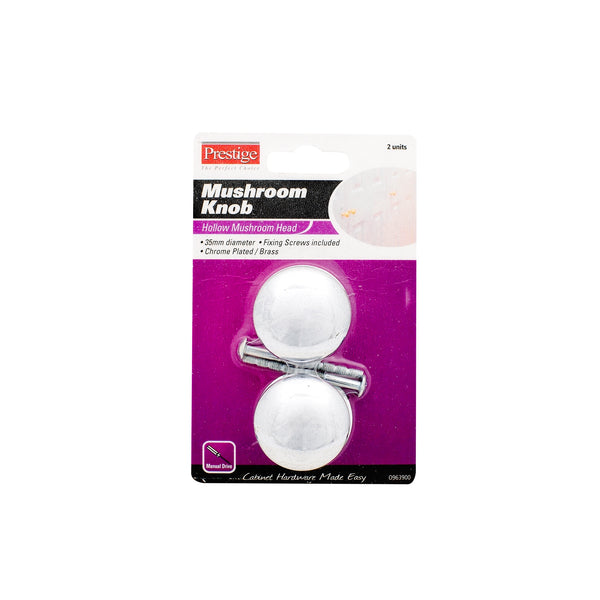 Prestige 35mm Chrome Plated Hollow Mushroom Cupboard Knob Card of 2 - Polished Chrome
