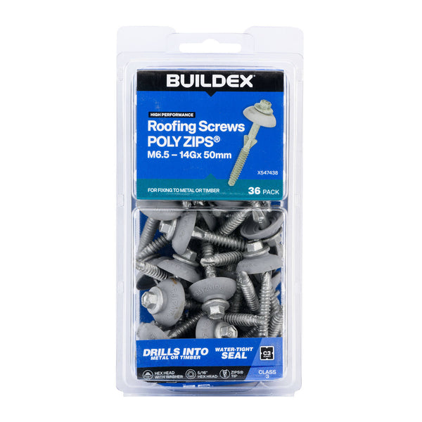 Buildex M6.5 - 14G x 50mm Roofing Screws PolyZIPS With Seal Class 3 - 36 Pack