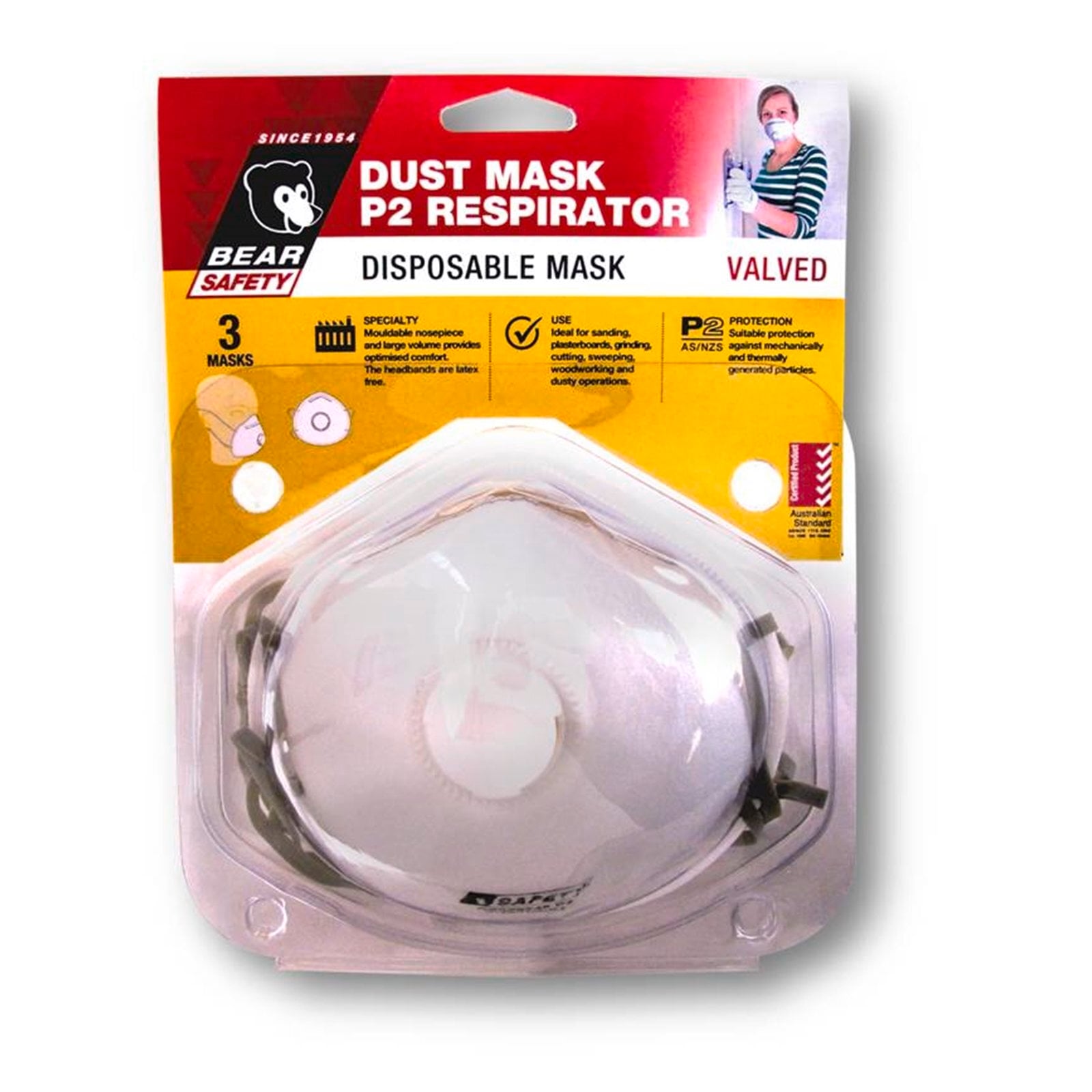 Bear Disposable P2 Respirator Dust Mask With Valve - 3 Pack - Image 1 of 1