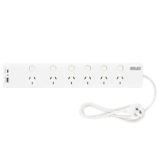 Arlec 6 Outlet Surge Protected Powerboard With PD20W Rapid Charging USBs
