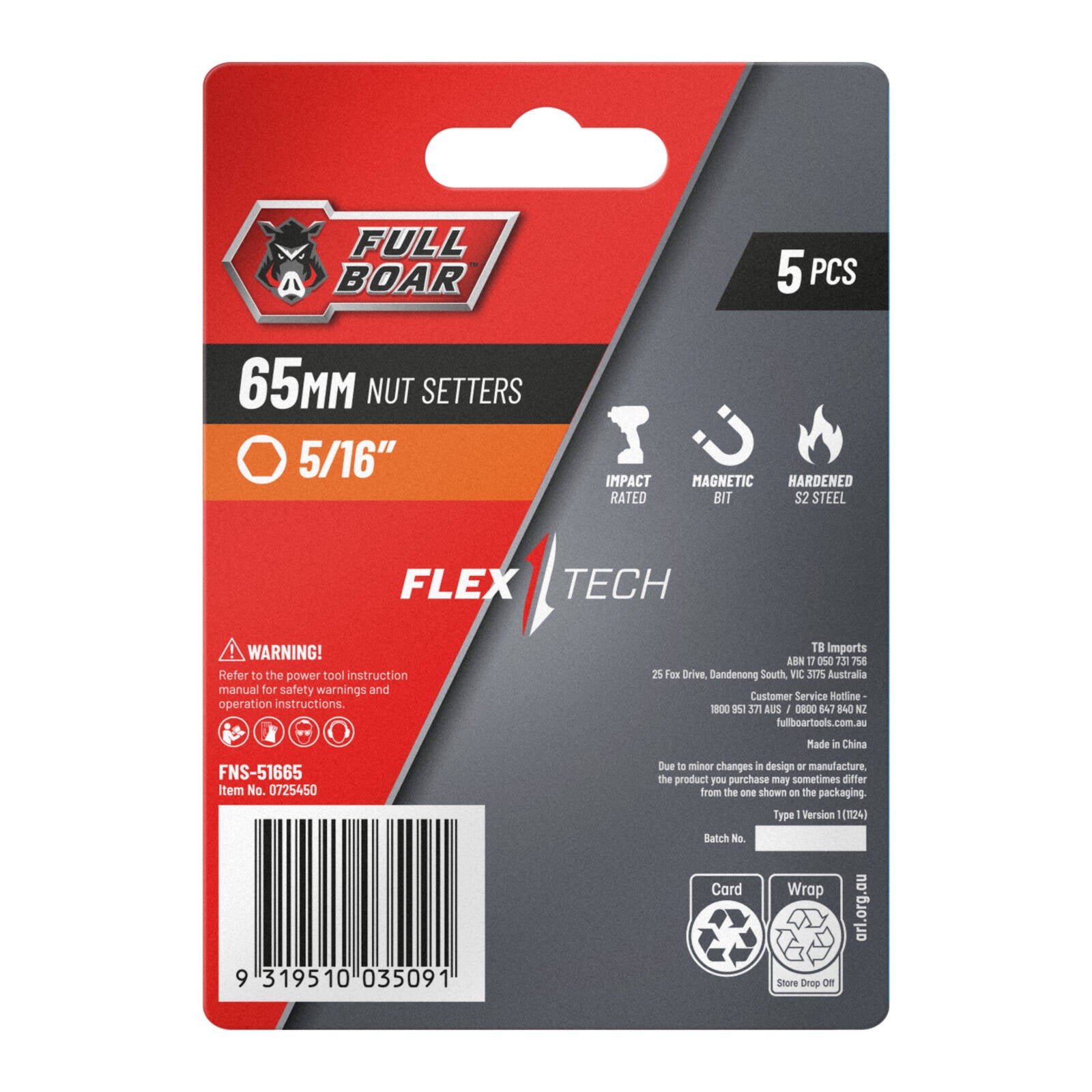 Full Boar 5/16" x 65mm Magnetic Impact Nut Setters - 5 Pack - Image 2 of 2