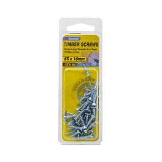 Zenith 5G x 16mm Zinc Plated Hinge-Long Threads Countersunk Head Timber Screws - 50 Pack