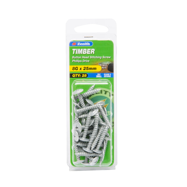 Zenith 8G x 25mm Galvanised Button Head Stitching Timber Screws - 28 Pack