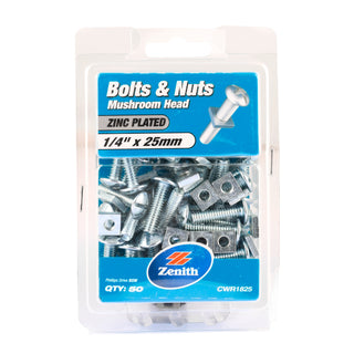 Zenith 1/4" x 25mm Zinc Plated Mushroom Head Bolts And Nuts - 50 Pack