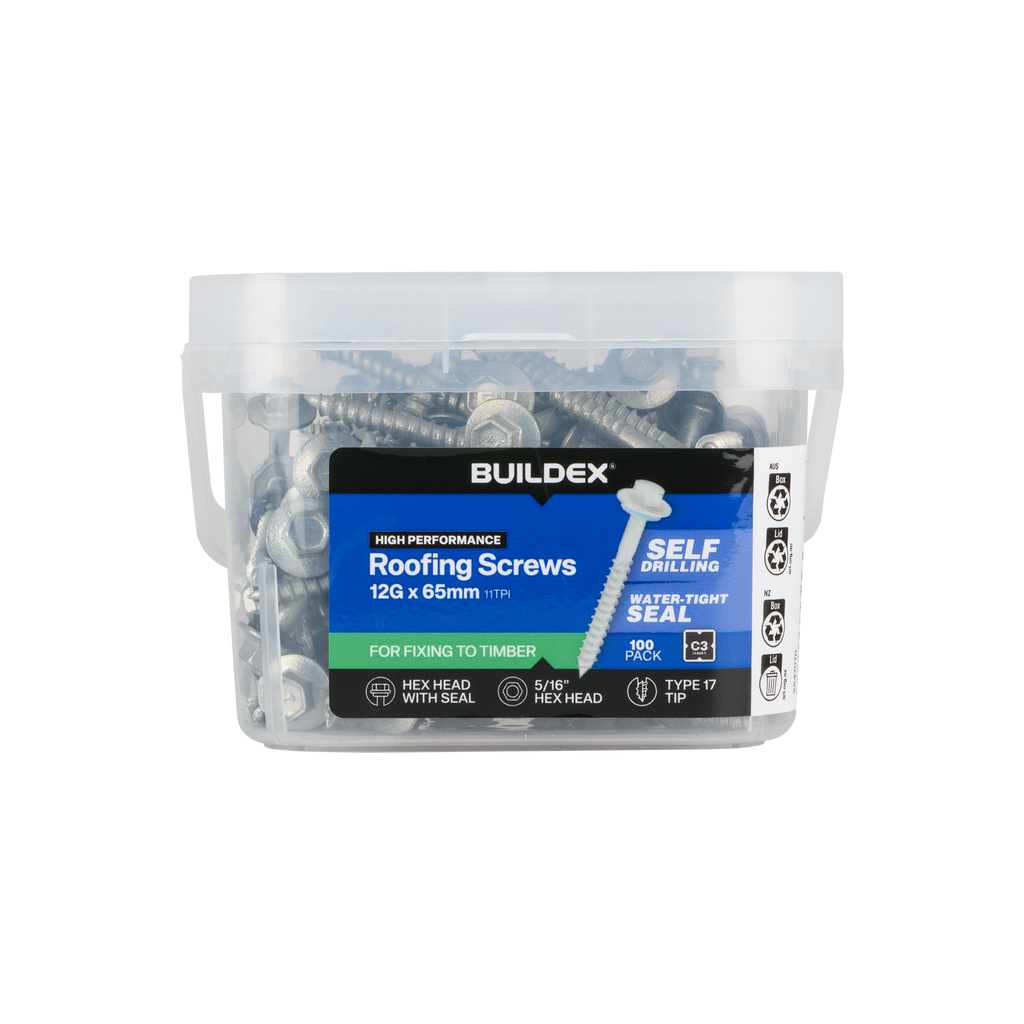 Buildex 12G x 65mm Class 3 Roofing Screws with Seal - 100 Pack - Image 1 of 3