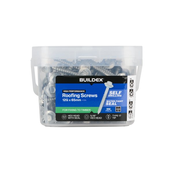 Buildex 12G x 65mm Class 3 Roofing Screws with Seal - 100 Pack