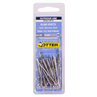 Otter 3.2 x 9.6mm Open Stainless Steel Blind Rivets - 25 Pack