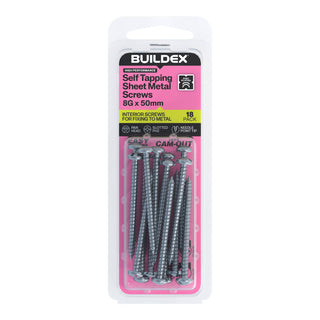 Buildex 8G x 50mm Zinc Plated Self Tapping Sheet Metal Screws - 18 Pack