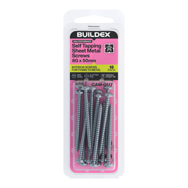 Buildex 8G x 50mm Zinc Plated Self Tapping Sheet Metal Screws - 18 Pack